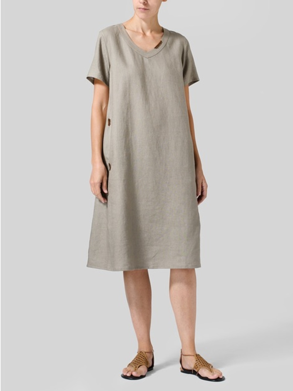 Vivid HEAVY LINEN SHORT-SLEEVE HEART-NECK DRESS L $148 MRSP